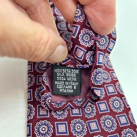 Boss Hugo Boss Wine Red with Pink Blue Floral Geo Print Foulard Print Long Tie - Picture 8 of 12